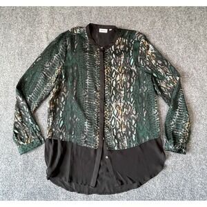 DKNY‎ Womens Tunic Top S Green Snake Print Layered LS Hidden Button Chiffon Hem